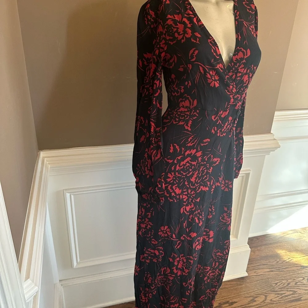 Zara Black and Red Floral Midi Dress Sz XS